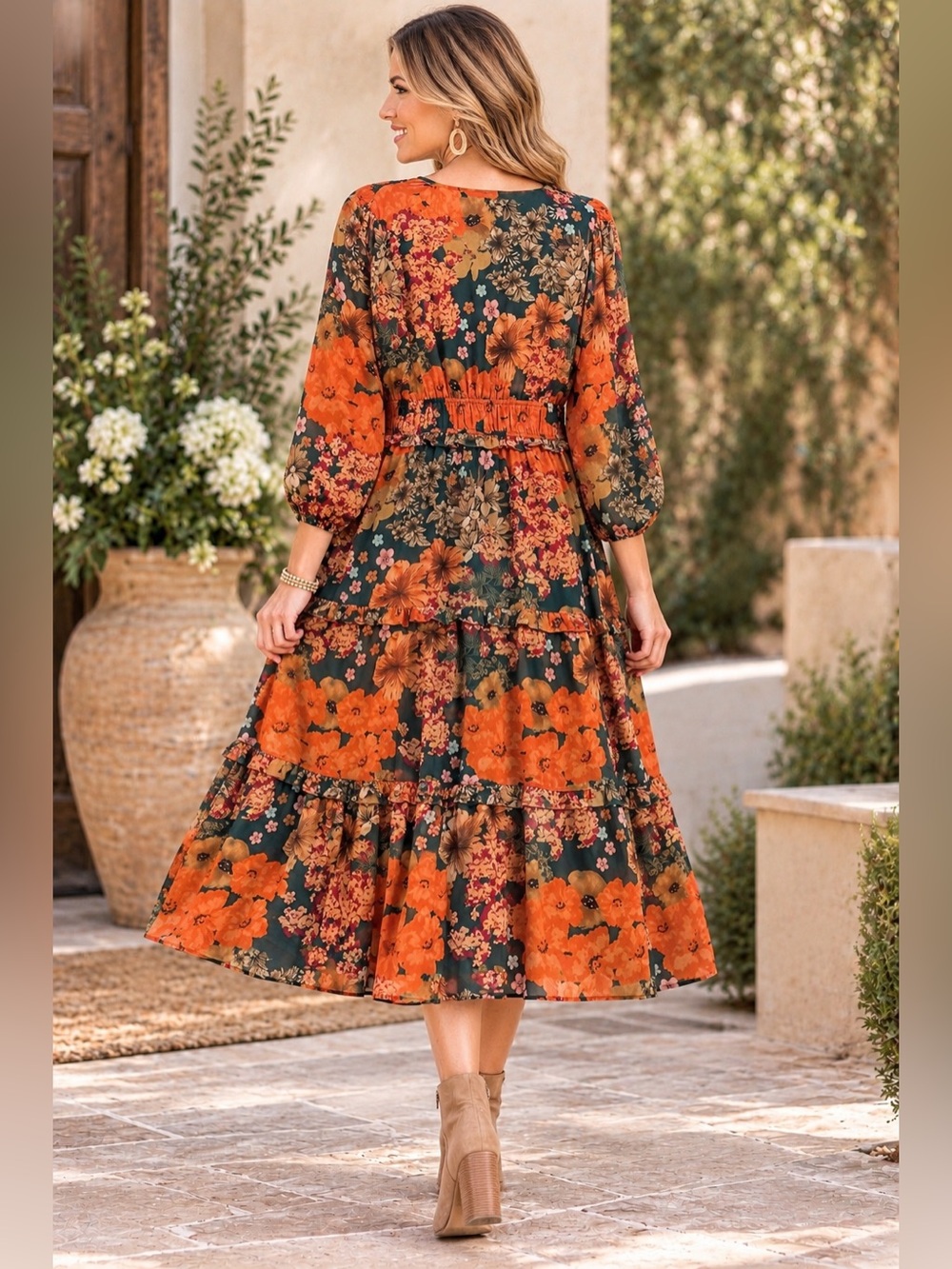 Polagram NWT Fall Floral Tiered Midi Maxi Dress V Neck Balloon Sleeve - Picture 2 of 5